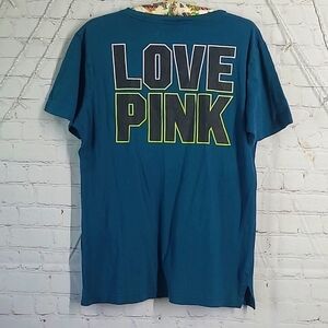 2016 Victoria's Secret PINK Neon & Turquoise Logo Spellout Tee Tshirt Size Med